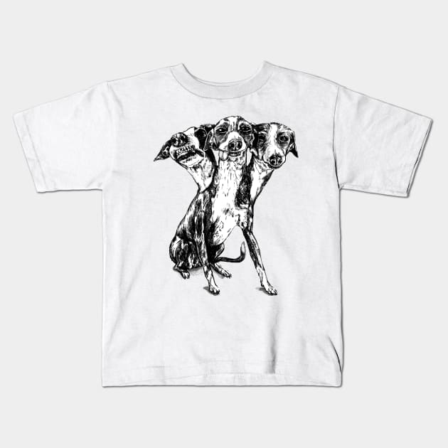Three Headed Greyhound Cerberus Dog Kids T-Shirt by Tasmin Bassett Art